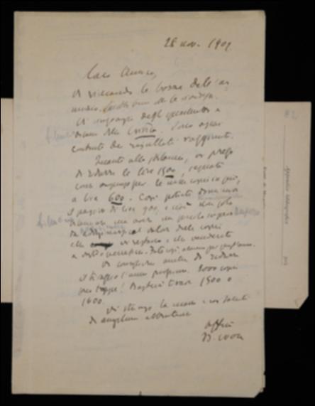 Benedetto Croce, nel restituire le bozze dell'annuncio pubblicitario per “La Critica” del 1910, nella lettera chiede a Giovanni Laterza di spedirgliele per un'ulteriore revisione. Il filosofo suggerisce inoltre all'editore alcune correzioni al bilancio del periodico al fine di limitare le passività; in proposito Croce sembra far cenno al resoconto de "La Critica" per l'anno 1909 allegato ad altra sua missiva indirizzata a Laterza datata 28 novembre 1909.