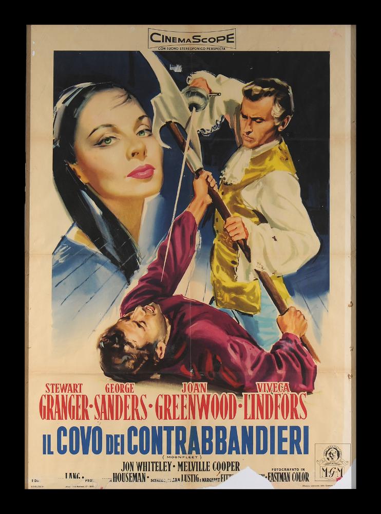“Il covo dei contrabbandieri” (Moonfleet) è un film del 1955 diretto da Fritz Lang, su sceneggiatura di
Jan Lustig, Margaret Fitts e J. Meade Falkner. Tra gli interpreti principali ricordiamo Stewart Granger, George Sanders, Joan Greewood, Viveca Lindfors.
Il manifesto cinematografico non presenta la firma dell’autore. Colori forti e vivaci e tratti decisi caratterizzano la teatralità della composizione con le figure dei protagonisti in primo piano delineati con profonda cura ritrattistica.
Il manifesto originale è conservato nell’Archivio della Mediateca Regionale Pugliese....
