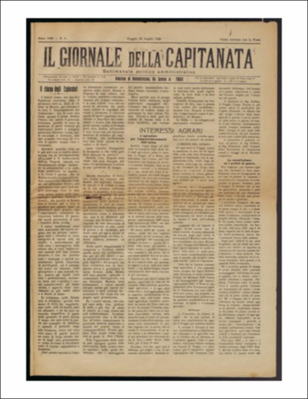 Il documento è parte della collezione del fondo libri digitalizzati della Biblioteca provinciale La Magna Capitana di Foggia, comprendente alcune monografie di diversi secoli e periodici del Novecento. Nello specifico si tratta del periodico “Il Giornale della Capitanata – Settimanale politico amministrativo”, pubblicato il 25 luglio 1920. In prima pagina si ritrovano le riflessioni sulle attese considerazioni della delegazione socialista italiana in “esplorazione”, autorizzata dal Presidente Nitti, nella Russia comunista di Lenin. Seguono alcuni articoli sulla situazione agraria del Paese, tra i quali di grande interesse l'articolo sulle agitazioni per l'approvvigionamento dell'avena. In seconda pagina vi sono le notizie legate alla Provincia; importante testimonianza ...
