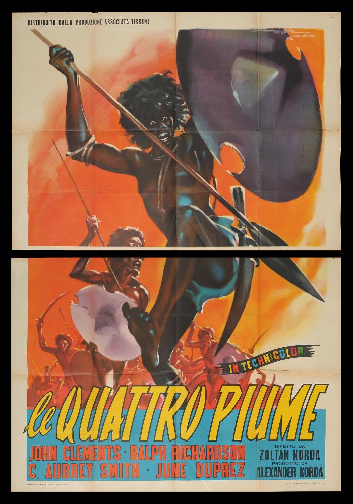 L'immagine riproduce uno dei manifesti conservati presso la Mediateca Regionale Pugliese (vedi Note). Si tratta del manifesto del film "Le quattro piume", a firma di Deseta (Enrico De Seta) e Dell'Orco (probabilmente Giuseppe). Disegnatore e pittore italiano, noto come fumettista per giornali satirico-umoristici e periodici per ragazzi e soprattutto per la sua produzione di illustrazioni cinematografiche, Deseta contraddistinse le opere con la sua vena umoristica, ma realizzò disegni unici anche per film drammatici o western. Artista poliedrico, iniziò la sua attività di pittore per il cinema sin dal 1937, fu grande amico e collaboratore di Federico Fellini. Firma il manifesto con lui Dell'Orco, identificabile con l'illustratore Pino (Giuseppe) Dell'Orco, allievo predil...