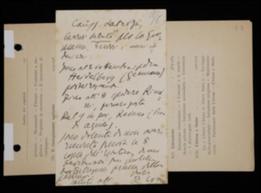 Nella cartolina, Benedetto Croce comunica a Giovanni Laterza la sua prossima partenza per Heidelberg e il successivo soggiorno presso Rimini e Raiano (L'Aquila) con i relativi indirizzi. Lamenta poi di non aver ancora ricevuto le copie del proprio volume di estetica richieste.