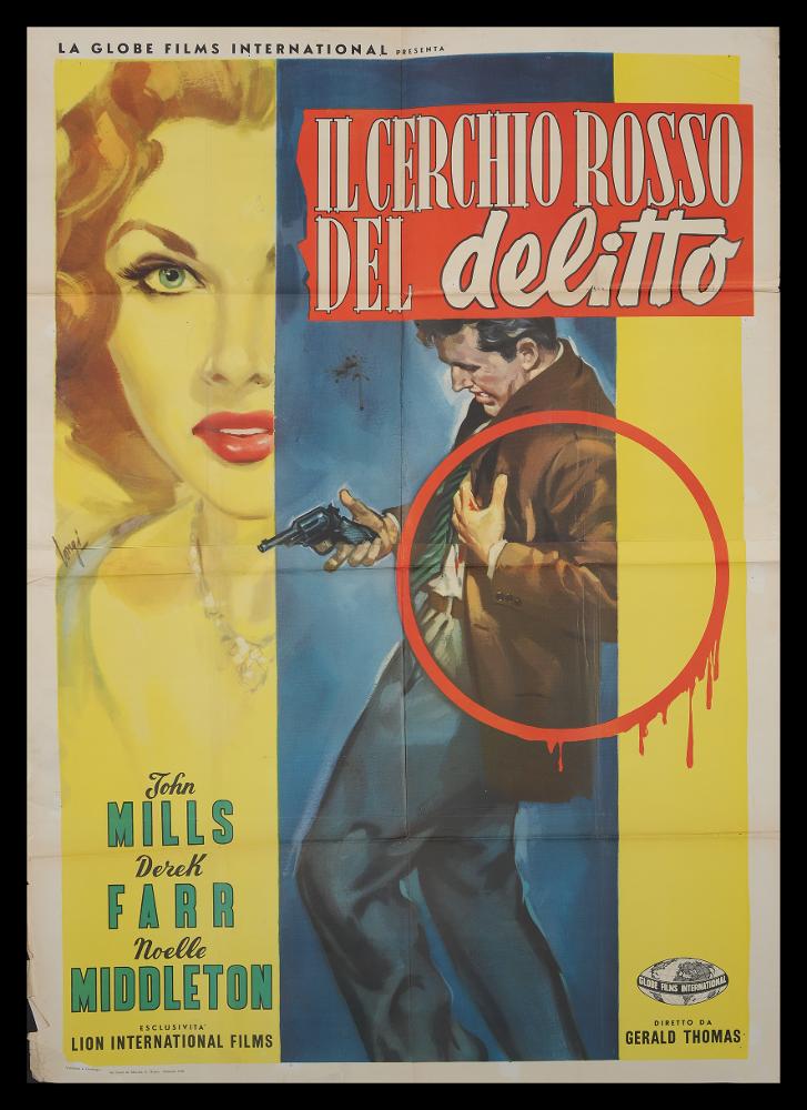 L'immagine riproduce uno dei manifesti conservati presso la Mediateca Regionale Pugliese (vedi Note). Si tratta del manifesto del film "Il cerchio rosso del delitto", a firma di Longi. Anche in questa composizione pittorica, l'artista mette in risalto la figura femminile, l'attrice Noelle Middleton, esaltando l'eleganza del suo volto e di tutta la composizione, che colpisce per i colori dominanti del giallo, rosso e blu e per questa impostazione grafica moderna, con elementi spezzati che creano un insolito dinamismo. Il forte realismo dei volti è una caratteristica del pittore, che iniziò la carriera artistica come ritrattista per poi dedicarsi all'attività di illustratore e cartellonista cinematografico per circa 20 anni, firmando molte opere per i più noti film dell'e...