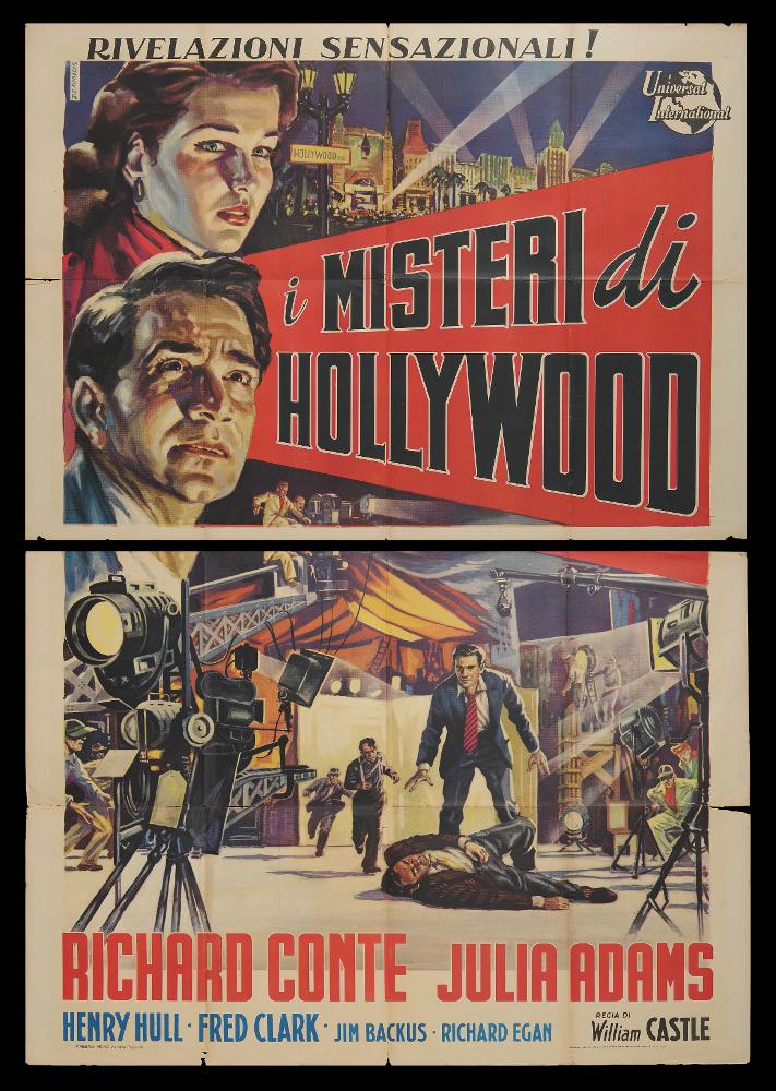 I misteri di Hollywood (Hollywood Story) è un film del 1951 diretto da William Castle, con la sceneggiatura di Frederick Kohner e Frederick Brady. Tra gli interpreti principali ricordiamo Richard Conte, Julie Adams, Henry Hull, Fred Clark, Jim Backus e Richard Egan.
Il manifesto cinematografico è firmato dal celebre pittore di cinema DeAmicis (Aldo De Amicis). Illustratore romano, iniziò la sua carriera come vignettista del periodico a fumetti “Il Vittorioso”, opportunità che gli permise una maturazione stilistica tale da renderlo più pronto per il mondo della cartellonistica. La composizione colpisce per la dinamicità della scena e la varietà delle tonalità di colori utilizzati. L’uso sapiente della luce dà corpo e grande intensità ai volti della composizione.
Il manif...