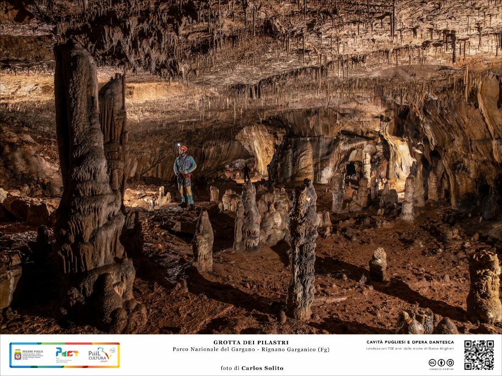 Ci troviamo nella Grotta dei Pilastri a Rignano Garganico: la caverna si sviluppa in un meandro di cunicoli serpeggianti creando spazi larghi e angusti allo stesso tempo.
In primissimo piano una selva di Pilastri, concrezioni alte e massicce di roccia calcarea che si innalzano dal basso fino a sfiorare il soffitto tempestato di sottilissime stalattiti.
L’immagine digitale fa parte della raccolta di fotografie prodotte da Carlos Solito per il Progetto digitale “Sillabario sotterraneo – Viaggio dantesco nelle Grotte di Puglia” – realizzato nell’ambito della LEGGE REGIONALE 30 dicembre 2020, n. 35 - art. 39 “Cavità pugliesi e opera dantesca - Celebrazioni 700 anni dalla morte di Dante Alighieri”.