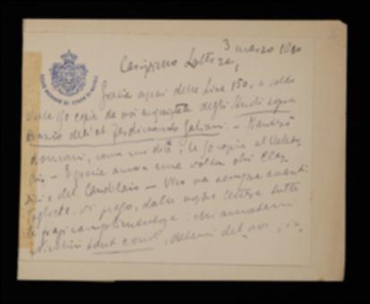 In merito alle copie richieste del suo saggio sugli studi oraziani di Ferdinando Galiani, edito negli “Atti dell'Accademia Pontaniana”, Fausto Nicolini ringrazia Giovanni Laterza per averle saldate e gli assicura la spedizione delle copie destinate all'editore Vallardi; inoltre, rinnovando i suoi ringraziamenti per i volumi dei classici della filosofia inviatigli, rassicura l'editore che il volume di Giambattista Vico procede speditamente.