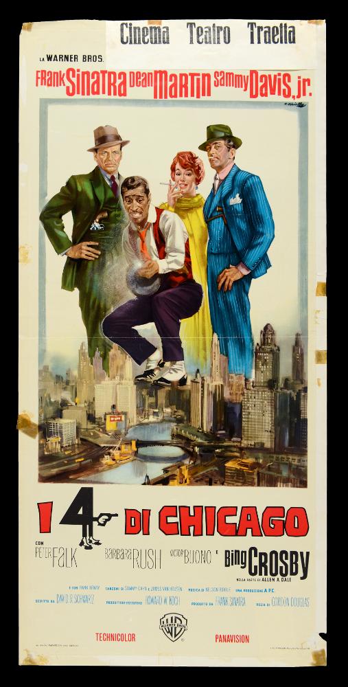 La locandina è firmata dal celebre pittore di cinema Averardo Ciriello, milanese classe 1918. Il suo stile pittorico è colto, maturo e raffinato sia nei ritratti sia nelle scene in cui il colore è utilizzato in tutte le sue gamme, conferendo all’immagine una dinamicità narrativa straordinaria. In questo caso, possiamo notare  una dettagliata rappresentazione dall'alto della città di Chicago e quattro ritratti dei protagonisti della pellicola (da sinistra Frank Sinatra, Sammy Davis Jr, Barbara Rush e Dean Martin). La locandina originale è conservata nell’Archivio della Mediateca Regionale Pugliese....