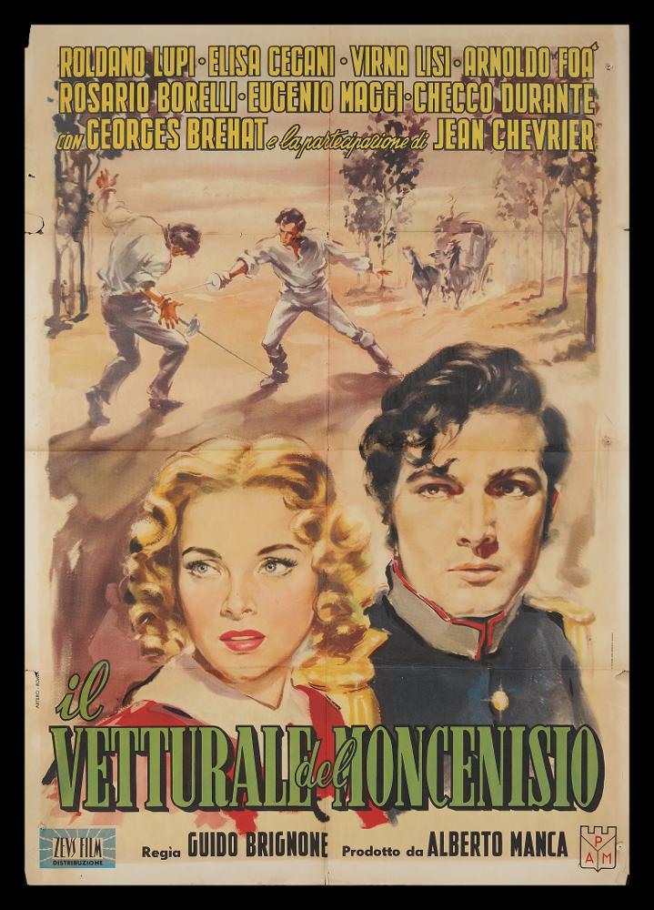 L'immagine riproduce uno dei manifesti conservati presso la Mediateca Regionale Pugliese (vedi Note). Si tratta del manifesto del film "Il vetturale del Moncenisio". Privo di firma, il manifesto denota comunque una notevole tecnica dell'illustratore, che ricalca i maggiori pittori di cinema dell'epoca, come Cesselon. Sulla scena di fondo, due spadaccini duellano per contendersi qualcosa o qualcuno, mentre il primo piano è dominato dagli intensi e realistici ritratti dei protagonisti. A sinistra, si riconosce una giovane Virna Lisi, riconosciuta tra le migliori, talentuose e affascinanti attrici del cinema italiano, vincitrice di numerosi premi tra cui due David di Donatello e sei Nastri d'argento. Alla sua destra, l'attore Rosario Borelli chiude la composizione grafica ...