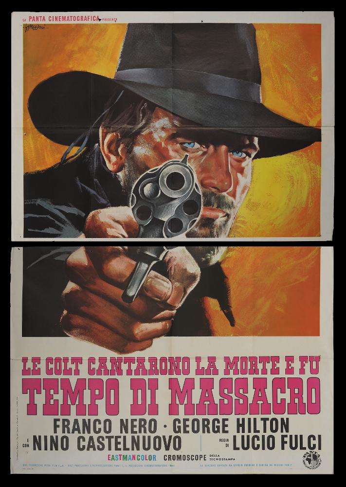L'immagine riproduce uno dei manifesti conservati presso la Mediateca Regionale Pugliese (vedi Note). Si tratta di una delle versioni grafiche del manifesto del film “Le colt cantarono la morte e fu... tempo di massacro” del 1966 per la regia di Lucio Fulci. Il manifesto è firmato da Sandro Symeoni (Symeoni), paternità attribuibile dalla firma in alto a sinistra. Pittore ferrarese tra i più prolifici disegnatori di cinema, Symeoni utilizzò un linguaggio non piano, ma dalle molteplici sfaccettature, mutevoli negli anni. In questo manifesto la composizione grafica è molto semplice, vi è la solo presenza del ritratto del protagonista Franco Nero che sembra puntare la pistola direttamente contro lo spettatore, una sensazione data soprattutto dalla rappresentazione della man...