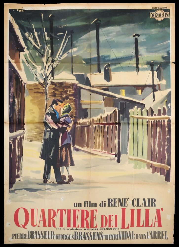 L'immagine riproduce uno dei manifesti conservati presso la Mediateca Regionale Pugliese (vedi Note). Si tratta del manifesto del film "Quartiere dei Lillà", la cui illustrazione è a firma di Ercole Brini. È una composizione pittorica delicata, caratteristica che contraddistingue tutte le sue opere; Brini infatti prediligeva l'uso degli acquerelli, tecnica che gli permetteva di creare racconti in cui le figure si fondono al paesaggio, figure diverse si fondono una nell'altra, in atmosfere impalpabili e ricche di fascino. Anche la composizione di "Quartiere dei Lillà" è poetica, nonostante qualche tono di colore scuro: pochi elementi e pennellate vibranti rendono la malinconia che pervade tutta la scena descritta. «Le composizioni di Brini si caratterizzano per modernità...