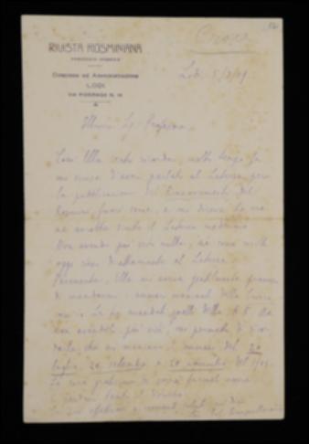 Nella lettera Giuseppe Morando comunica a Benedetto Croce di aver proposto a Giovanni Laterza la pubblicazione del volume "Rinnovamento della filosofia in Italia" di Antonio Rosmini e lo prega di fargli avere alcuni fascicoli de "La Critica". Evidentemente la presente missiva fu inoltrata da Croce a Laterza.