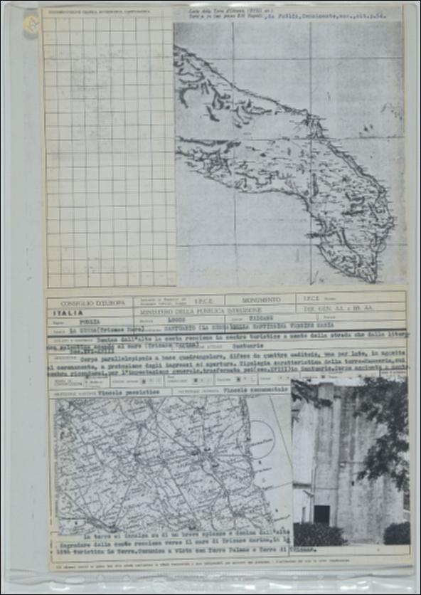 La scheda in oggetto è parte del volume “Censimento delle opere fortificate in Puglia”, risultato dell'attività promossa dalla Regione Puglia tra il 1981 e il 1982, per individuare e descrivere le principali costruzioni in muratura presenti nel territorio. Composta da due fogli sciolti, è redatta da Guido Angiulli il 22 dicembre 1986. Il Santuario della Santissima Vergine Maria è situato a Tricase Marina in provincia di Lecce in area edificata. Il Santuario è stato edificato tra il XVI e il XVIII secolo e si sviluppa come un parallelepipedo a base quadrangolare. Il Santuario, che sembra somigliare ad una torre per l’aspetto imponente e fortificato, domina dall’alto sulla costa rocciosa verso il mare di Tricase marina. Quattro caditoie posizionate lungo i lati del quadri...