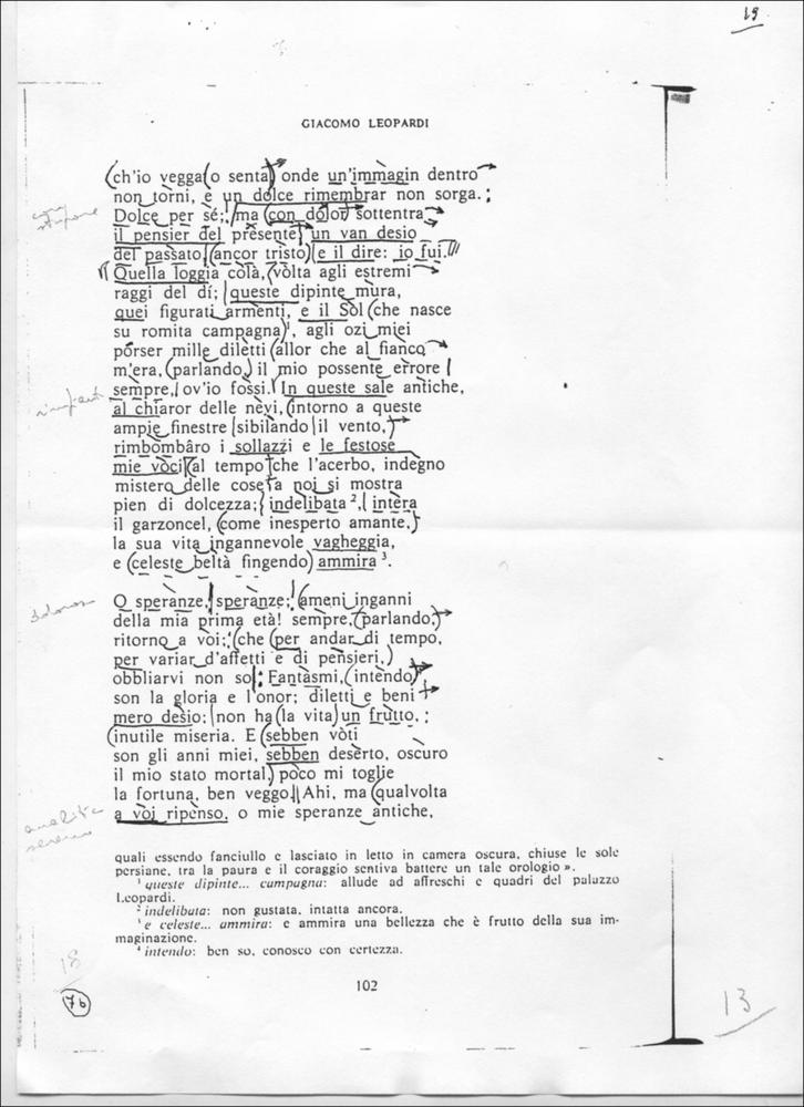 L'immagine è una scansione, da originale, di una pagina con i versi de “Le ricordanze” di Giacomo Leopardi, con scritte a matita di Riccardo Cucciolla, il cui foglio originale fu esposto insieme agli altri, in occasione della mostra "Riccardo Cucciolla - Ritratto d'Attore". Organizzata e voluta dall'Associazione culturale "Attraverso lo Spettacolo", insieme al Servizio Biblioteca e Comunicazione Istituzionale del Consiglio Regionale e l'Assessorato al Mediterraneo, Cultura e Turismo della Regione Puglia, d'intesa con l'Università di Bari, la temporanea fu allestita presso il Centro Polifunzionale per gli Studenti dell'Università degli Studi di Bari (Ex Palazzo Poste) dal 9 al 16 novembre 2012, con l'obiettivo di onorare la memoria dell'attore pugliese riportandola all'a...