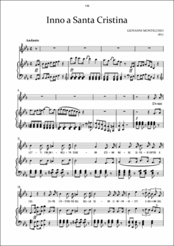 L’inno a Santa Cristina composto da Giovanni Monticchio riveste un’importante rilevanza storica nel panorama musicale gallipolino. È considerato uno dei più antichi inni sacri cittadini giunti fino a noi e risale al periodo successivo al 1867, anno in cui si consolidò il patrocinio della Santa sulla città.

La composizione presenta uno stile tipicamente ottocentesco: la melodia è scorrevole, armoniosa e caratterizzata da un marcato slancio romantico, capace di esprimere il clima spirituale dell’epoca.

Giovanni Monticchio, compositore gallipolino recentemente oggetto di rinnovata attenzione da parte degli studiosi, si inserisce così nel solco della tradizione musicale locale dedicata a Santa Cristina, patrona secondaria della città.

Studi e approfondimenti sulle compos...