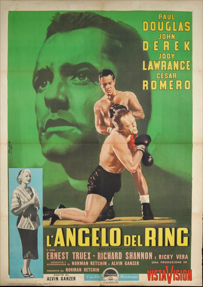 L'immagine riproduce uno dei manifesti conservati presso la Mediateca Regionale Pugliese (vedi Note). Si tratta di una delle versioni grafiche per il manifesto del film “L'angelo del ring” del 1957 per la regia di Alvin Ganzer. La composizione grafica è a firma dell’artista Lorenzo Nistri (Enzo Nistri). Pittore romano che firmò migliaia di manifesti per il cinema, Nistri si contraddistinse per un linguaggio maturo, uno stile semplice ed elegante che «si presta a raccontare ogni storia» (Baroni, 2018). Molti suoi lavori infatti si riconoscono per il tratto raffinato, ma al tempo stesso dalla forte intensità costruttiva data anche da un sapiente uso dei colori netti e spesso contrastanti, che aiutano a ben definire le figure e le scene descritte, caratteristica ben visibi...