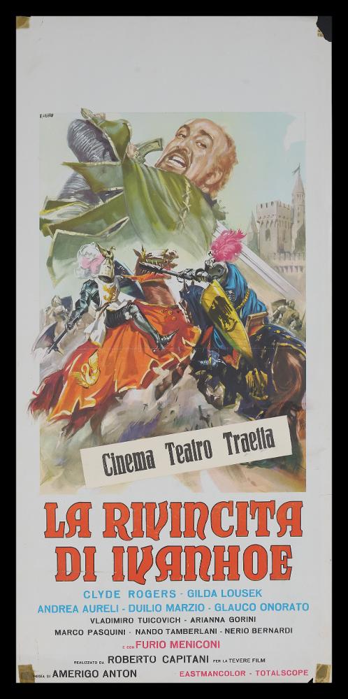 L'immagine riproduce uno dei manifesti conservati presso la Mediateca Regionale Pugliese (vedi Note). Si tratta di una delle versioni grafiche della locandina del film “La rivincita di Ivanhoe” a firma di Renato Casaro, tra i maggiori rappresentanti della grafica e del manifesto del secondo dopoguerra, che utilizzava ai suoi esordi la firma "C. Renè", prima della ben più nota R. Casaro. Per le sue opere si ispirò ai più affermati artisti ed illustratori di cinema, come Angelo Cesselon, il primo pittore ad utilizzare, per i manifesti cinematografici, un nuovo linguaggio che dà maggiore importanza ad una grande scena o ad un ritratto per raccontare una storia. Casaro è noto per essere stato un autodidatta che riuscì tuttavia ad acquisire competenze e abilità riconoscibili...