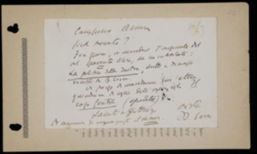 Nella cartolina, Benedetto Croce annuncia all'editore Laterza la spedizione del manoscritto del volume di Silvio Spaventa, lo prega di inviargli alcune copie del volume sul caso Gentile e lo esorta ad approntare la composizione del volume di Gottfried W. Leibniz.