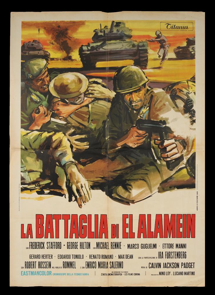 L'immagine riproduce uno dei manifesti conservati presso la Mediateca Regionale Pugliese (vedi Note). Si tratta della versione del manifesto per il film italiano "La battaglia di El Alamein". Anche se privo di firma, l'opera mostra una composizione degna di nota. La pittura è ricca di pennellate vibranti e contorni netti grazie all'uso del tratto nero usato ovunque, che dona un effetto molto dinamico e quasi astratto. La scena rappresentata è narrativa, ricca di espressione e di dettagli, che immerge il fruitore direttamente nel momento della battaglia che si sta svolgendo....