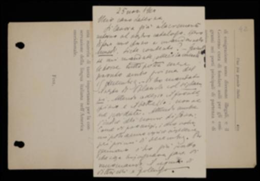 Nella cartolina, Fausto Nicolini, facendo seguito ad una sua precedente missiva, invita Giovanni Laterza a sbrigare le bozze dell'indice de “La Critica” non appena ne riceverà l'originale; lo sollecita poi a spedire le bozze di frontespizio e bottello del volume di Luigi Blanch, ormai tutto licenziato, insieme alle bozze dell'indice onomastico del volume di Carlo Gozzi, in modo da approntare le due pubblicazioni per dicembre. Il Nicolini infine, richiamandosi a sue precedenti indicazioni per le pubblicazioni di gennaio, raccomanda all'editore di proseguire con i volumi di Jacopo Vittorelli e Teofilo Folengo.