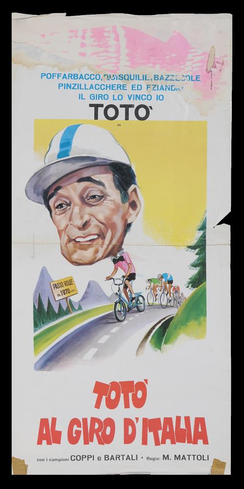 L'immagine riproduce uno dei manifesti conservati presso la Mediateca Regionale Pugliese (vedi Note). Si tratta della locandina del film "Totò al Giro d'Italia", a firma di Piovano per lo Studio Paradiso, con il quale realizzerà molti manifesti per il cinema. È una delle diverse versioni illustrate per il film, il primo in cui il nome di Totò, soprannome di Antonio De Curtis, appare anche nel titolo. In effetti, tutta la composizione di Piovano, fresca e colorata, risalta il ruolo e la figura dell'attore, con il volto ingigantito, realistico e sorridente, su un corpo assolutamente contrastante realizzato come fosse illustrazione per fumetti. In alto, la locandina riporta "Poffarbacco, quisquilie, bazzeccole, pinzillacchere ed eziandio. Il Giro lo vinco io", tutte espres...