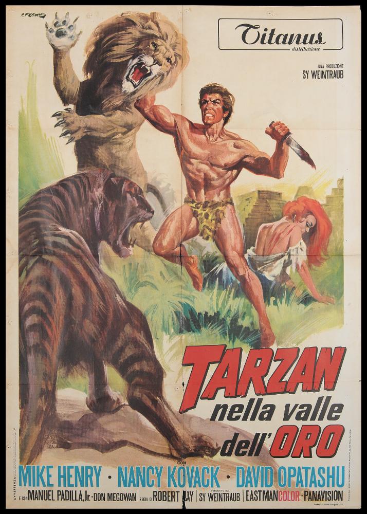 L'immagine riproduce uno dei manifesti conservati presso la Mediateca Regionale Pugliese (vedi Note). Si tratta di una delle versioni grafiche del manifesto del film "Tarzan nella valle dell'oro", uno dei tanti della fortunata saga dedicata a Tarzan, personaggio immaginario inventato da Edgar Rice Burroughs, uomo dalla natura selvaggia, cresciuto nella jungla da una tribù di scimmie, una figura eroica e avventuriera. L'artista Franco P. firma questo e altri  manifesti dedicati a Tarzan, con una composizione dall'impianto classico figurativo, incentrata su un'unica grande scena. Pennellate snelle descrivono le figure, gli animali e l'ambientazione naturale....