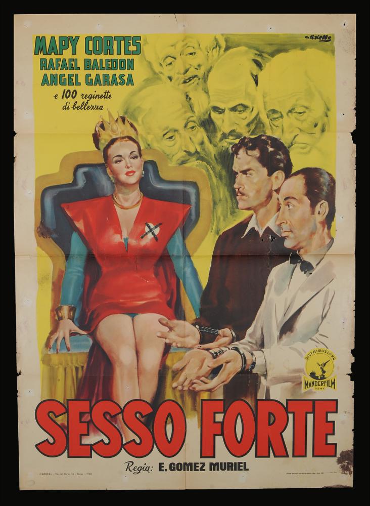 L'immagine riproduce uno dei manifesti conservati presso la Mediateca Regionale Pugliese (vedi Note). Si tratta di una delle versioni grafiche per il manifesto del film "Sesso forte" del 1946 per la regia di Emilio Muriel Gomez a firma dell’illustratore Averardo Ciriello. Pittore dal linguaggio elaborato e dallo stile pittorico colto e maturo, sia nel ritratto che nelle scene narrative, Ciriello seppe caratterizzare le sue opere con l'uso di sfumature volumetriche, tocchi di colore morbidi "emotivi" che denotano una comunicazione visiva chiara e coinvolgente. Anche per questa composizione il coinvolgimento con il pubblico è totale grazie alla mimica facciale rappresentata nei ritratti dei protagonisti in primo piano e grazie alla rappresentazione corale dei personaggi s...