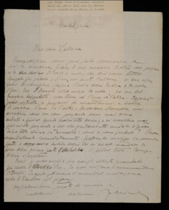 Nella lettera, dopo aver informato Giovanni Laterza di aver corretto una memoria a firma sua e di Benedetto Croce, Fausto Nicolini, scusandosene, chiede all'editore una seconda copia delle bozze dell'indice de “La Critica” e di una nota di Carlo Gozzi, avendo smarrita la copia già ricevuta; nel frattempo sarà occupato a rivedere il resto. Il Nicolini poi raccomanda a proprio nome di sbrigare il volume di Jacopo Vittorelli e a nome del Croce di proseguire con la stampa del volume di Giambattista Vico; infine anticipa a Laterza che a breve invierà molte bozze licenziate del volume di Matteo Bandello.