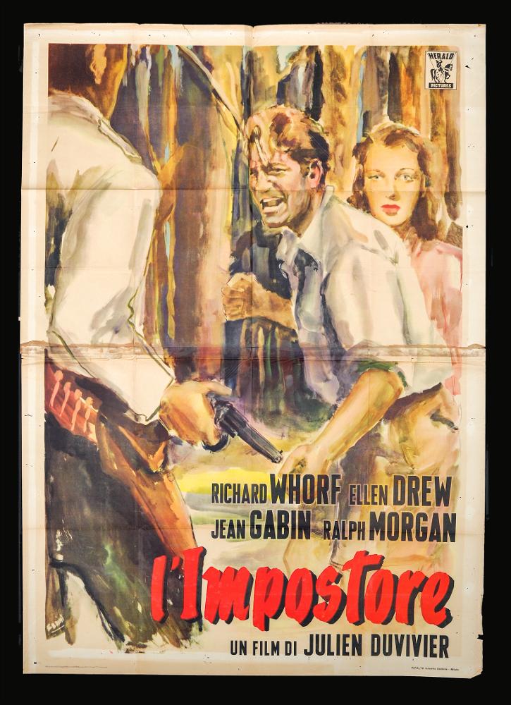 L'immagine riproduce uno dei manifesti conservati presso la Mediateca Regionale Pugliese (vedi Note). Si tratta del manifesto del film "L'impostore", la cui illustrazione è a firma di Ercole Brini. È una composizione pittorica delicata, caratteristica che contraddistingue tutte le sue opere, ma anche molto vivida; Brini infatti prediligeva l'uso degli acquerelli, tecnica che gli permetteva di creare racconti in cui le figure si fondono al paesaggio, figure diverse si fondono una nell'altra, in atmosfere impalpabili e ricche di fascino. Con queste pennellate vibranti e acquose e pochi elementi figurativi nella scena, Brini rende il dramma della guerra e dei personaggi che la vivono. «Le composizioni di Brini si caratterizzano per modernità e scioltezza: l'artista non ha ...
