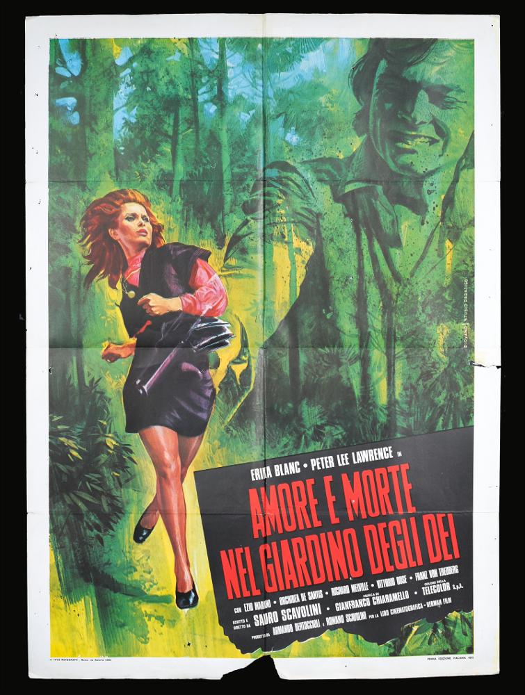 Il manifesto è a firma di Piovano (Mario Piovano) per lo Studio Paradiso, che con una dominanza di verde ricrea il tema del giardino degli dei, ma ricreando una tensione attraverso i volti di Erika Blanc e Peter Lee Lawrence, che interpretano Azzurra e Manfredi. Il manifesto originale è conservato nell’Archivio della Mediateca Regionale Pugliese.
...