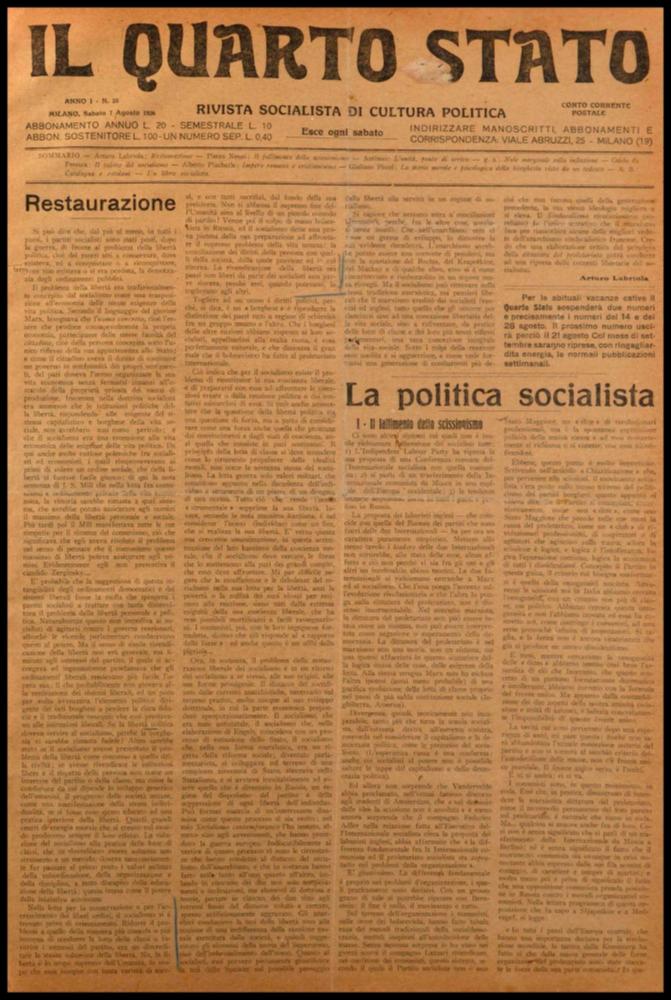 ll documento digitale è parte della collezione dell’emeroteca storica posseduta dall’Istituto pugliese per la storia dell’antifascismo e dell’Italia contemporanea di Bari (IPSAIC). Nello specifico la risorsa in oggetto riproduce il numero 20 del settimanale di attualità politica, fondato da Pietro Nenni e Carlo Rosselli, “Il Quarto Stato – Rivista socialista di cultura politica”, distribuito per un solo anno. Nel numero pubblicato il 7 agosto 1926 vi è una interessante recensione al primo fascicolo della Storia della Rivoluzione francese di Jean Jaures, opera complessa composta da quattro volumi e fascicoli. Utile le considerazioni degli editori sull'andamento dei numeri degli abbonati, nello specifico nel mese di luglio: si notano all'attivo 362 abbonamenti, dei quali ...
