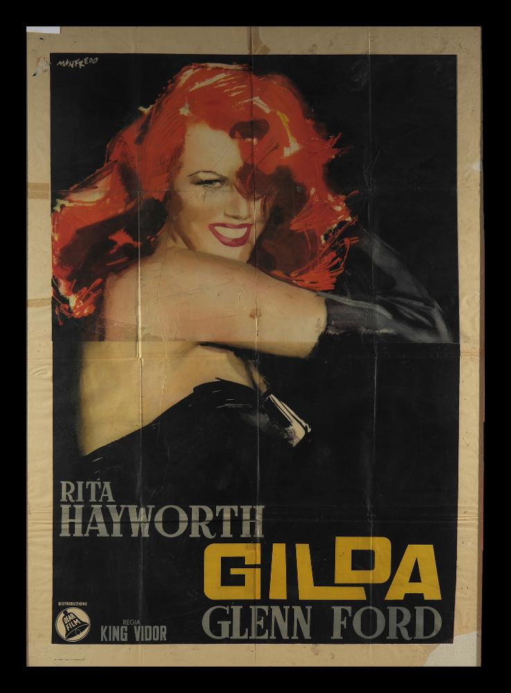 Il manifesto di grandi dimensioni è firmato da Manfredo (Acerbo Manfredo), focalizzando l'attenzione sul sorriso della diva Rita Hayworth. Il suo stile si contraddistingue da un segno grafico espressionista, dall'accostamento del nero a colori accesi e da una composizione fatta di macchie e pennellate rapide, molto contemporanee, che certamente lo distingueranno dagli altri pittori di cinema, rendendolo riconoscibile. Il manifesto di "Gilda" presenta anche una particolarità, un errore di stampa nell'indicazione del regista, non è presente il nome di Charles Vidor, ma di King Vidor. Il manifesto originale è conservato nell’Archivio della Mediateca Regionale Pugliese....