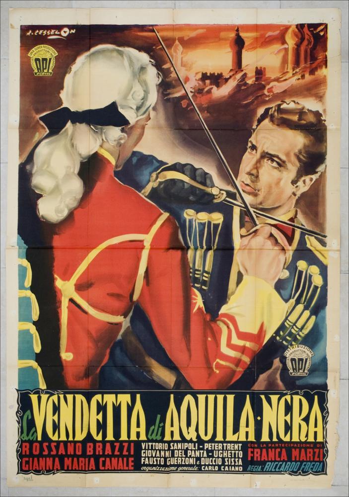 L'immagine riproduce uno dei manifesti conservati presso la Mediateca Regionale Pugliese, esaminati in "Cinema al muro: Angelo Cesselon" (vedi Note). I foschi e vaghi contorni, illuminati però da una luce lontana ma decisa, mettono maggiormente in risalto, quasi a volerla illuminare, la figura del Conte nel momento in cui ingaggia un duello, espressione e sintesi del dramma familiare vissuto da questo personaggio in occasione della guerra in Crimea. Il Conte è, nella circostanza, interpretato dall'attore italiano Rossano Brazzi, una delle figure più amate dal pubblico, non solo italiano, degli anni '50. I colori della sua divisa, unitamente ai tratti somatici, rendono a distaccare questa immagine, anche da un punto di vista cromatico, dal contesto generale del manifesto...