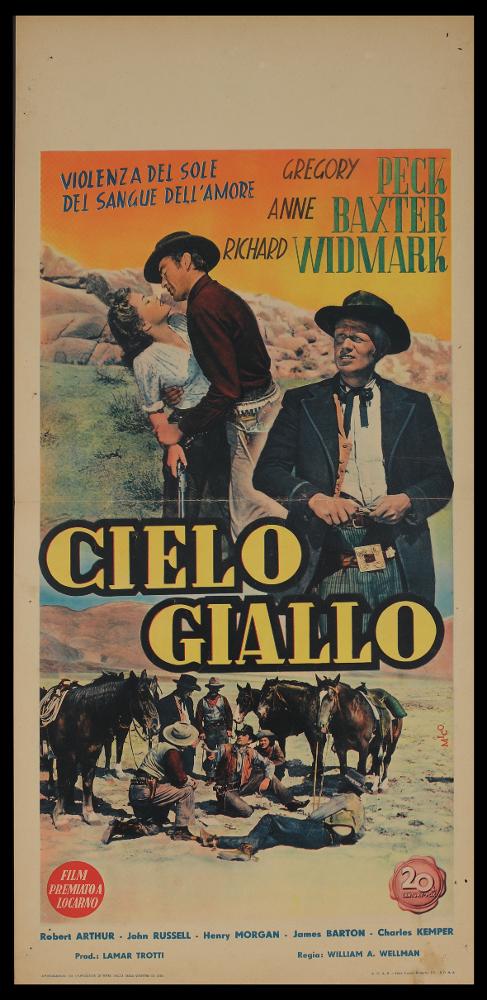 L'immagine riproduce uno dei manifesti conservati presso la Mediateca Regionale Pugliese (vedi Note). Si tratta della locandina realizzata per il film "Cielo giallo", a firma di MICO, come la fotobusta verticale visionabile in collezione. Pittore sconosciuto ma dall'approccio stilistico illustrativo, per la serie realizza composizioni basate su un collage di fotografie di scena, che raccolgono i momenti più significativi del film. Una tecnica molto usata all'epoca che sostituiva quella pittorica, ma che risaltava ogni personaggio e l'atmosfera generale, qui esaltata da un fotoritocco dai colori nettamente caldi. Sulla locandina, il claim in alto e il titolo al centro contribuiscono ad amplificare l'aspetto comunicativo. ...
