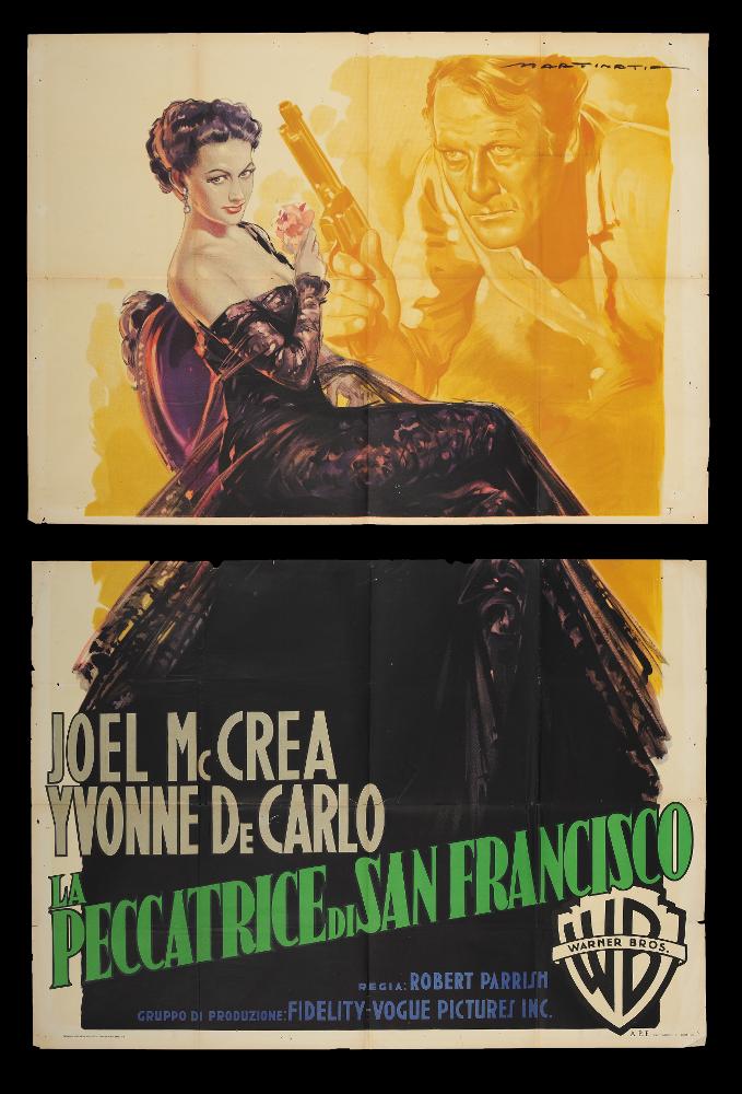 L'immagine riproduce uno dei manifesti conservati presso la Mediateca Regionale Pugliese (vedi Note). Si tratta della versione grafica del manifesto del film "La peccatrice di San Francisco", la cui illustrazione è a firma di Martinati. Toscano di nascita, Luigi Martinati può considerarsi uno degli interpreti della prima maniera del manifesto di cinema. Nella composizione ci sono tutti gli elementi che contraddistinguono lo stile di Martinati. I giochi di contrasto con colori netti, evidenziati dalla luce, i volti ricchi di espressione ed intensità, la narrazione fatta con pochi elementi, sono tipici delle sue opere. Splendida l'immagine a figura intera della protagonista, Yvonne De Carlo, con il lungo abito da sera che volutamente crea in basso un fondo scuro su cui po...