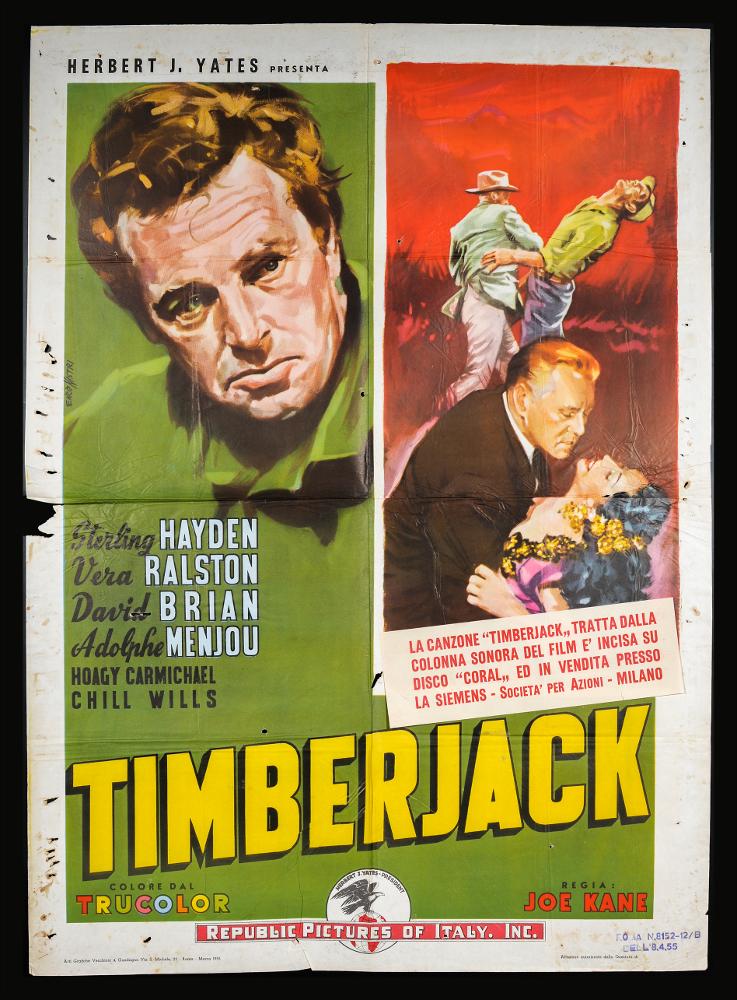 L'immagine riproduce uno dei manifesti conservati presso la Mediateca Regionale Pugliese (vedi Note). Si tratta del manifesto del film "Timberjack" del 1955 per la regia di Joseph Kane. La firma che leggiamo sul lato a sinistra è del pittore romano Enzo Nistri (Lorenzo Nistri). Nistri si contraddistinse per un linguaggio maturo, uno stile semplice ed elegante che "si presta a raccontare ogni storia" (Baroni, 2018) e realizzò migliaia di manifesti per il cinema. Molti suoi lavori presentano un tratto raffinato, ma caratterizzato dalla forte intensità costruttiva delle scene data anche da un sapiente uso dei colori netti e spesso contrastanti. Anche questa composizione si caratterizza per la presenza di diversi momenti narrativi riconoscibili da una divisione netta segnat...