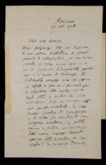 Nella lettera, Benedetto Croce chiede a Giovanni Laterza informazioni sull'arrivo della carta per il proprio volume di filosofia della pratica e di quella per “La Critica”, gli comunica di avergli inviato una prima parte delle bozze del volume di Gottfried W. Leibniz, pregandolo di istruire il traduttore sulle modalità di correzione, e lo informa che la traduzione inglese del suo volume di estetica sarà pubblicata dall'editore Macmillan. Dopo aver annunciato un suo prossimo viaggio a Bari, comunica inoltre a Laterza di aver licenziato per la stampa il volume di George Berkeley, gli manifesta la volontà di iniziare la stampa della “Critica della ragion pratica” di Immanuel Kant non appena tornerà a Napoli e infine lo prega di spedirgli quanto prima alcune copie dell'ulti...
