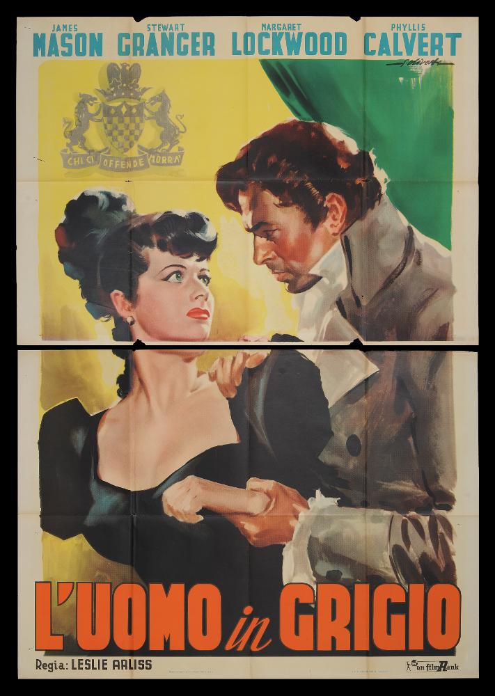 L'immagine riproduce uno dei manifesti conservati presso la Mediateca Regionale Pugliese (vedi Note). Si tratta di uno dei manifesti di grandi dimensioni (140x200) del film “L’uomo in grigio” del 1943 per la regia di Leslie Arliss. La firma che leggiamo sul lato a destra appartiene all’illustratore bolognese Giorgio Olivetti. Classe 1908, Olivetti caratterizza le sue prime opere da uno stile morbido, sfumato, fatto di acquerelli delicati che rendono il volume anche grazie ad un uso sapiente dei chiaroscuri. Indiscussi qui i due protagonisti immortalati in un momento sicuramente intenso, sensazione che lo spettatore percepisce a partire dagli sguardi tra i due e dalla forte stretta sul polso da parte del protagonista maschile. La composizione, i colori fluidi e lo stile ...