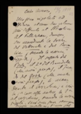 Nella cartolina, Benedetto Croce prega Giovanni Laterza di spedire, secondo le norme fissate, ad Achille Pellizzari le bozze dei volumi di Jacopo Vittorelli e Traiano Boccalini e a Fausto Nicolini le bozze restanti del volume di Giovanni B. Della Porta, quelle del secondo volume di Matteo Bandello, quelle del secondo volume di Carlo Gozzi e quelle del volume di Luigi Blanch.