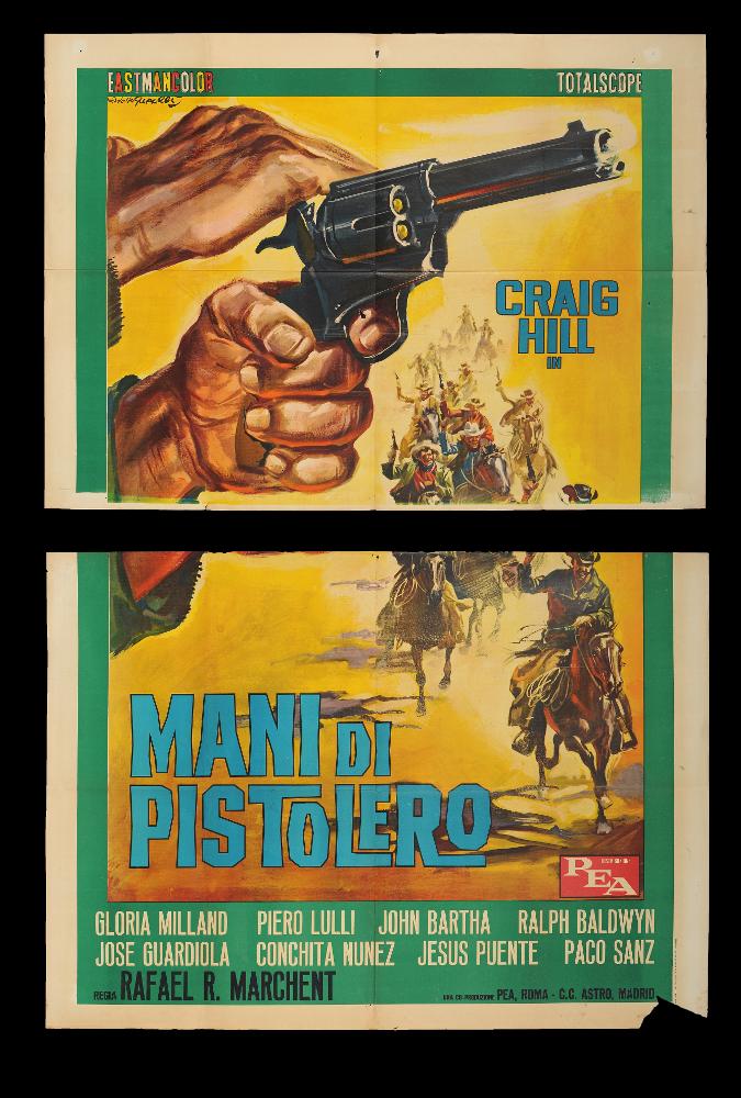 L'immagine riproduce uno dei manifesti conservati presso la Mediateca Regionale Pugliese (vedi Note). Si tratta di uno dei manifesti del film western italo spagnolo "Mani di pistolero”. Il manifesto è firmato dal fidardense Gasparri Rodolfo, come si evince dalla firma per esteso in alto a sinistra. Appena ventenne si trasferisce dal piccolo comune di Castelfidardo (AN) per realizzare a Roma il sogno di diventare pittore di cinema. Inizialmente fa esperienza come disegnatore per case editrici, realizzando le copertine di libri prevalentemente gialli come "Il Vampiro" (1958). Questa attività gli permette di acquisire non solo competenze specifiche come disegnatore, ma soprattutto una maggiore consapevolezza di sé e delle proprie potenzialità. Fu pittore capace di trasport...