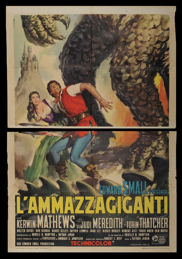 L'immagine riproduce uno dei manifesti conservati presso la Mediateca Regionale Pugliese (vedi Note). Si tratta di una delle versioni grafiche del manifesto del film “L’ammazzagiganti” del 1962 per la regia di Nathan Juran a firma di Casaro (Renato Casaro) come si evince dalla firma presente in alto sul lato sinistro. Tra i maggiori rappresentanti della grafica e del manifesto, Casaro adottò come modello Angelo Cesselon, il primo pittore ad utilizzare, per i manifesti cinematografici, un nuovo linguaggio che dà maggiore importanza ad una grande scena, ad un ritratto per raccontare una storia. Casaro è noto per essere stato un autodidatta che riuscì tuttavia ad acquisire competenze e abilità riconoscibili, come l’uso dell’aerografo e legami con le correnti surrealiste in...