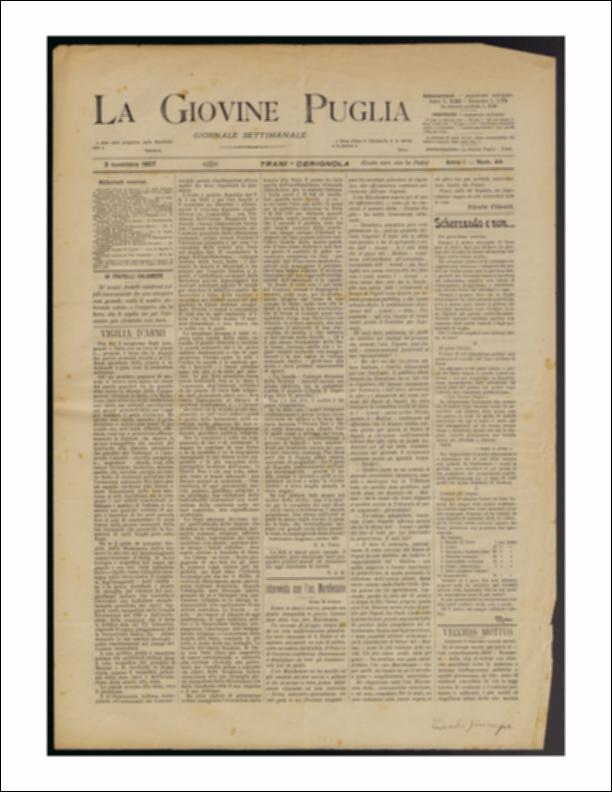 Il documento è parte della collezione del fondo libri digitalizzati della Biblioteca provinciale La Magna Capitana di Foggia, comprendente alcune monografie di diversi secoli e periodici del Novecento. Nello specifico si tratta del num. 44 dell'anno I de “La Giovine Puglia. Giornale socialista settimanale” del 3 novembre 1907. In prima pagina vi è un riferimento ad inizio pagina al terremoto, di magnitudo 5.9 della scala Richter, che colpì la Calabria a fine ottobre. Segue un interessante articolo a firma di G.A. Tozzi sulla situazione della scuola pubblica in Italia e sulla necessità che la stampa affronti la problematica in maniera critica e propositiva. La scuola, l'istituzione che più di tutti ha il compito di formare i nuovi cittadini con coscienze nella pienezza d...