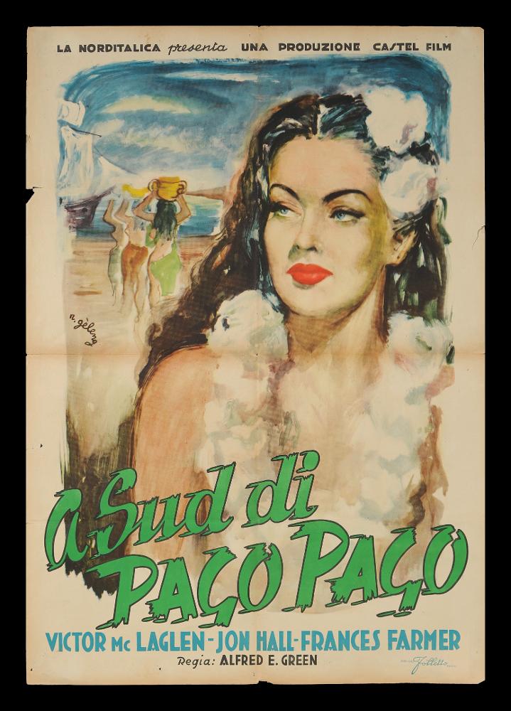 L'immagine riproduce uno dei manifesti conservati presso la Mediateca Regionale Pugliese (vedi Note). Si tratta di uno dei manifesti del film “A sud di Pago Pago” del 1940 per la regia di Alfred E. Green. La composizione grafica è a firma di Rinaldo Gèleng (R. Gèleng), illustratore romano, si ricorda come artista poliedrico ed eclettico. Classe 1920, dopo gli studi d'arte, visse e lavorò per molti anni a Parigi, poi a Milano dove realizzò una serie di copertine per Mondadori e infine a Roma, dove realizzò alcuni manifesti per i film di Fellini. Il suo stile fresco e pittorico è fatto di pennellate liquide e sfumate, con spunti grafici originali, composizioni personali, in cui rivela la sua dote di ritrattista. Gèleng anche in "A sud di Pago Pago" mantiene le sue caratte...