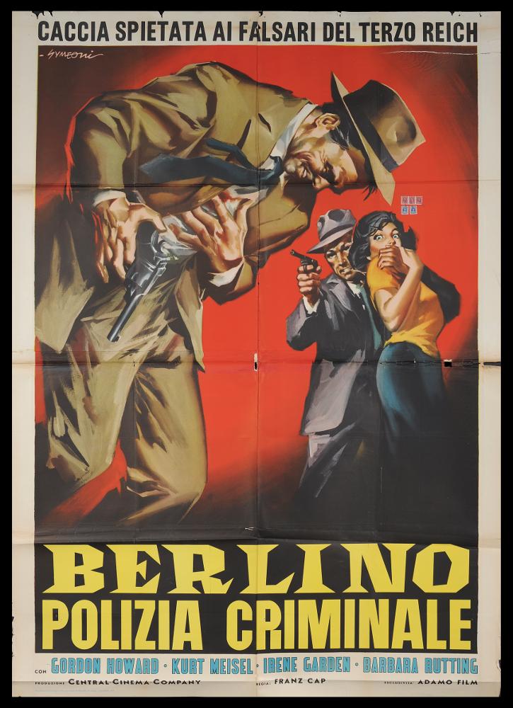 L'immagine riproduce uno dei manifesti conservati presso la Mediateca Regionale Pugliese (vedi Note). Si tratta del manifesto del film "Berlino polizia criminale", a firma di Sandro Symeoni (Symeoni). Noto per essere uno dei pittori di cinema più prolifici, si distinse per una grande pittoricità, un gusto originale basato sulla bellezza formale, soprattutto femminile, e più tardi per composizioni moderne basate su ritmi spezzati e drammatici. Per il film tedesco realizza a grandi dimensioni la figura in primo piano, che rende, insieme al fondo rosso, tutta la tensione drammatica del film. A destra, le altre due figure, completano l'insieme anticipando una scena del film in cui lo spettatore si sente come immerso. Anche il lettering scelto per il titolo funge da elemento...