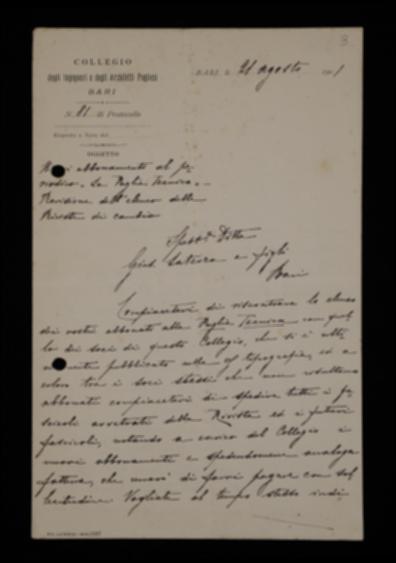 Nella lettera, Luigi Sylos chiede a Laterza di provvedere a inviare la rivista ai soci del Collegio degli Ingegneri e Architetti pugliesi abbonati e non. Lo invita a escludere dall'invio quelle testate periodiche che non contraccambiano l'omaggio. Chiede infine quante copie restino in giacenza per poterle acquistare tramite il Collegio.