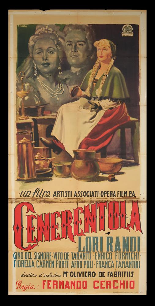 L'immagine riproduce uno dei manifesti conservati presso la Mediateca Regionale Pugliese (vedi Note). Si tratta di una delle versioni grafiche del manifesto del film italiano “Cenerentola”, del 1948. L’illustratore del manifesto è Averardo Ciriello, come si evince dalla firma in alto a sinistra. Emerge il suo tipico tratto pittorico, caratterizzato da un uso del colore in funzione simbolica e fortemente emotiva, con un’attenzione, quasi maniacale, per il dettaglio e le sfumature. Lo spazio compositivo, seppur ridotto, è studiato per contenere un'unica grande scena narrativa, in cui al centro spicca la bella figura di Cenerentola, interpretata da Lori Randi. Notevole, come in altre sue opere, è il realismo descrittivo tipico dell'artista che pervade la scena, qui arricch...