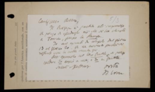 Nella cartolina, Benedetto Croce prega Giovanni Laterza di spedirgli alcune copie del suo volume sul caso Gentile e di inviarne altre allo stesso Giovanni Gentile; gli comunica inoltre l'indirizzo cui spedire il materiale richiesto da Giuseppe A. Borgese; infine lo invita ad organizzare il soggiorno a Napoli tenendo conto di una sua prossima assenza dalla città.