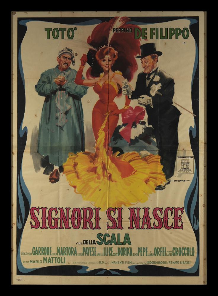 Il grande manifesto è a firma di Deseta (Enrico De Seta), celebre film di Totò con Peppino De Filippo. Tutti i manifesti dei film di Totò presentano un suo ritratto accanto alla protagonista femminile, in questo caso un ritratto per intero di Delia Scala. I due protagonisti maschili sono rappresentati con due abiti in contrapposizione per evidenziare i loro due diversi caratteri, il tutto incorniciato da un motivo liberty in nero e blu e la scelta di un font per il titolo che evidenza il carattere di spettacolo. Il manifesto originale è conservato nell’Archivio della Mediateca Regionale Pugliese....