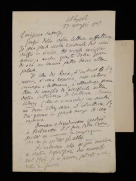 Nella lettera, Benedetto Croce consiglia a Laterza la pubblicazione del volume di Caleb W. Saleeby ma non quello di Jean Roux. Quindi comunica all'editore la spedizione del materiale per la ristampa del suo periodico e alcune istruzioni in merito. Conclude la lettera proponendo la pubblicazione della 3a edizione del suo volume "Estetica come scienza dell'espressione e linguistica generale".