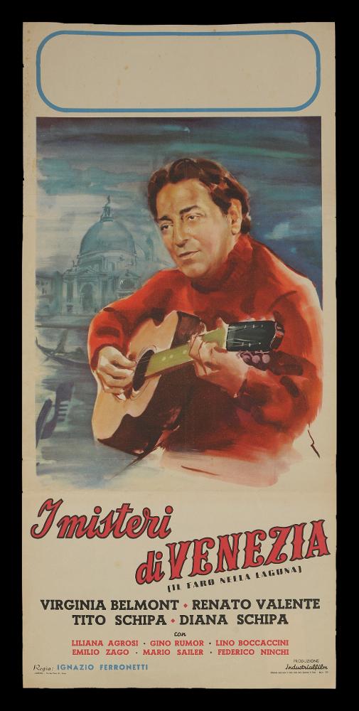 L'immagine riproduce una delle locandine conservate presso la Mediateca Regionale Pugliese (vedi Note). Si tratta di una delle versioni grafiche della locandina del film "I misteri di Venezia" del 1950, per la regia di Ignazio Ferronetti. La composizione è molto semplice: in primo piano è immortalato Tito Schipa, ripreso con la sua chitarra; sullo sfondo, caratterizzato dalle sfumature dell’azzurro, è possibile riconoscere la Basilica di San Marco a Venezia. Nella parte inferiore vi sono i dati tipografici riferiti al titolo, all’indicazione degli attori principali e dei credits....
