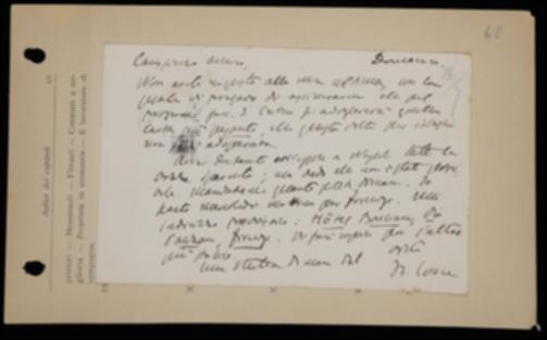 Nella cartolina Benedetto Croce sollecita Giovanni Laterza a dargli rassicurazioni in merito alla carta per i nuovi fascicoli de "La Critica" e a spedirgli le bozze del volume di Silvio Spaventa; comunica poi la sua prossima partenza per Firenze.