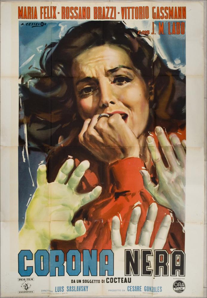 L'immagine riproduce uno dei manifesti conservati presso la Mediateca Regionale Pugliese, esaminati in "Cinema al muro: Angelo Cesselon" (vedi Note). Questo secondo manifesto è meno descrittivo del precedente. È caratterizzato dal bellissimo ritratto della diva valorizzato dall'espressione sgomenta; espressione che viene trasmessa al fruitore che percepisce così l'elemento essenziale della trama del film. Il volto, realistico per colori e particolari accentuati, ottenuto grazie alla padronanza della tecnica cromatica con la quale Cesselon alternava campiture di colore denso fino a delicate velature, occupa gran parte del manifesto; la donna porta la mano destra alla bocca perché sembra essere colta dallo spavento per una immagine apparsa all'improvviso. Si tratta di tre...